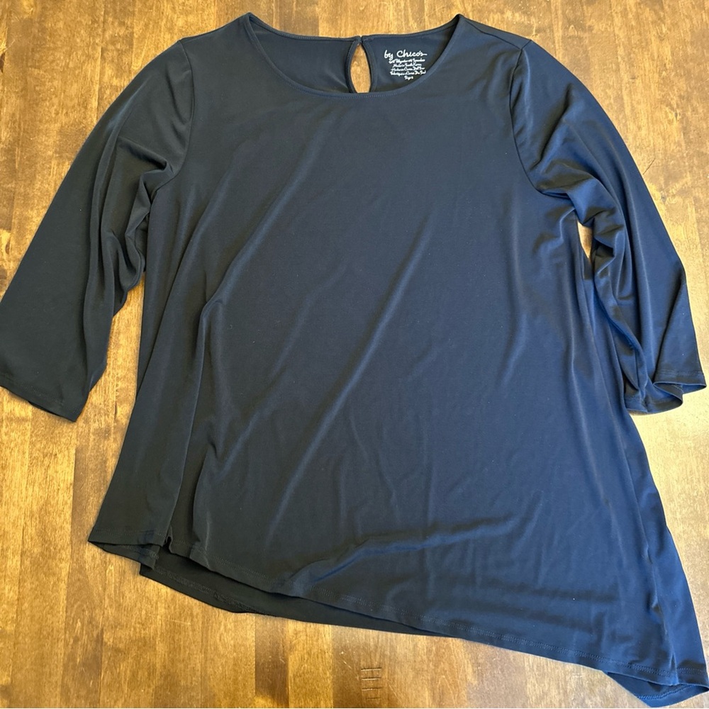 By Chicos Size 2 (L) Black Blouse Asymetrical Office Work Travel Career Comfy
